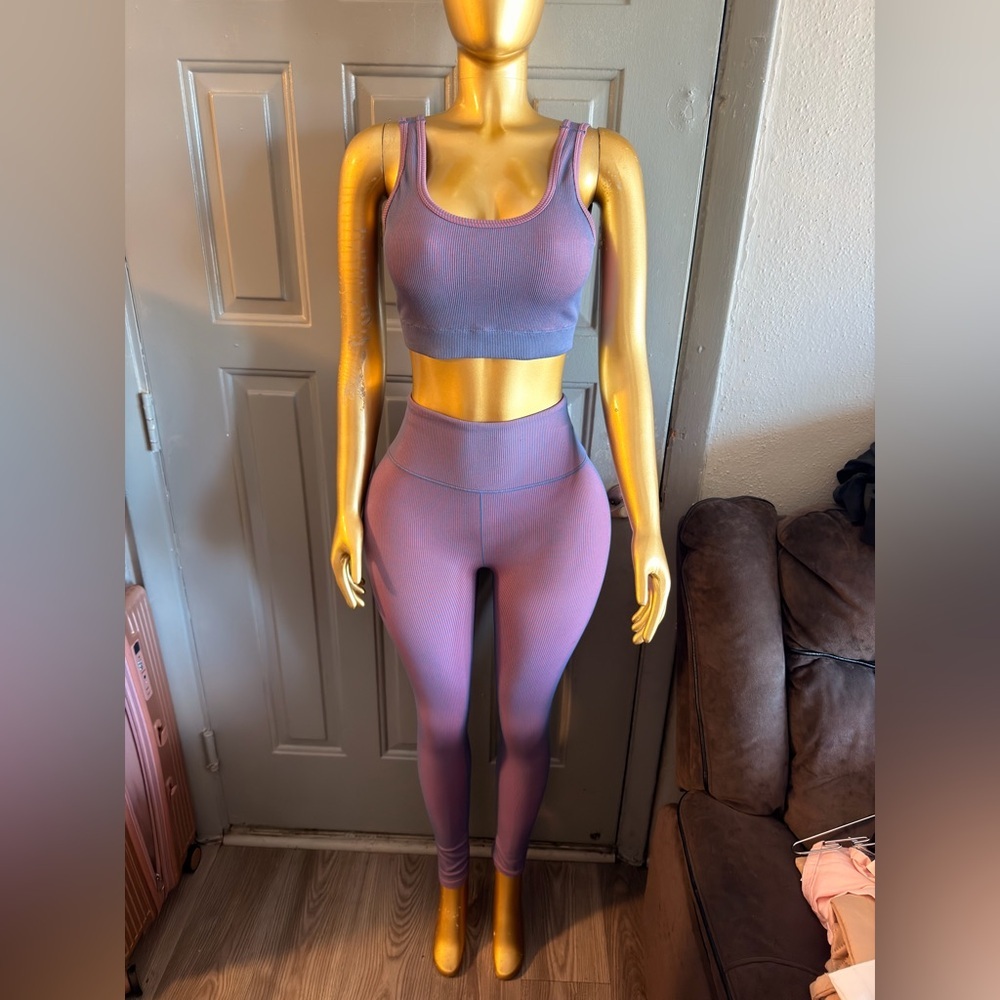 Purple Ombre Ribbed Sports Bra & Legging Set - Picture 2 of 4
